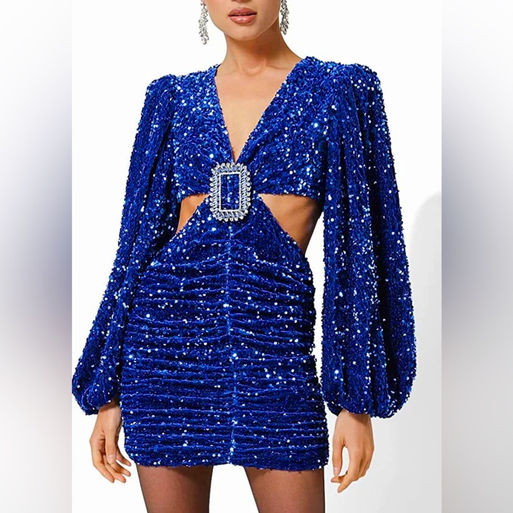 Line and Dot NWT Blue Sequin Lantern Sleeve Cutout Dress with Jeweled Buckle